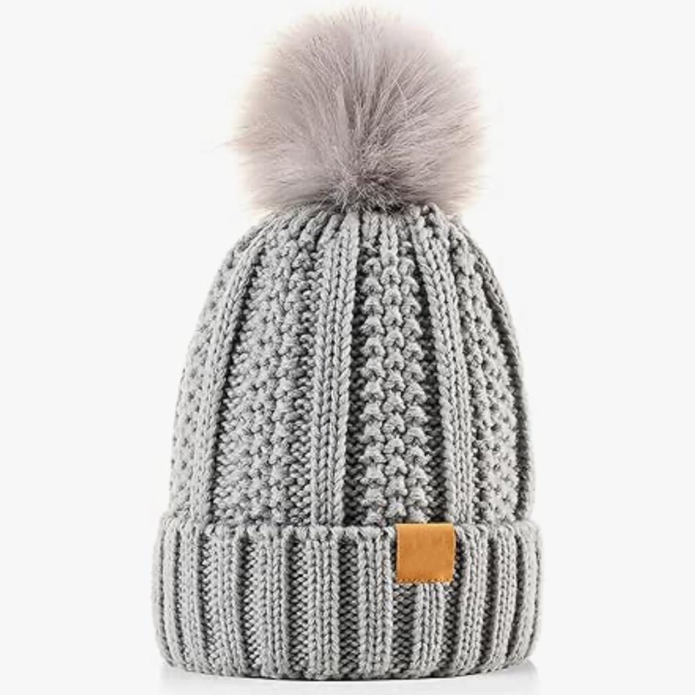 Grey Cable Knit Beanie Hat Faux Fur Pom Pom 100% Acrylic